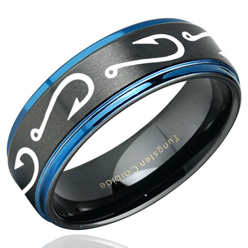 8MM Tungsten Carbide Wedding Band Blue Step Edges Brush Black Center Black Tungsten Band Hunting Ring Fishing Hooks Tungsten Ring