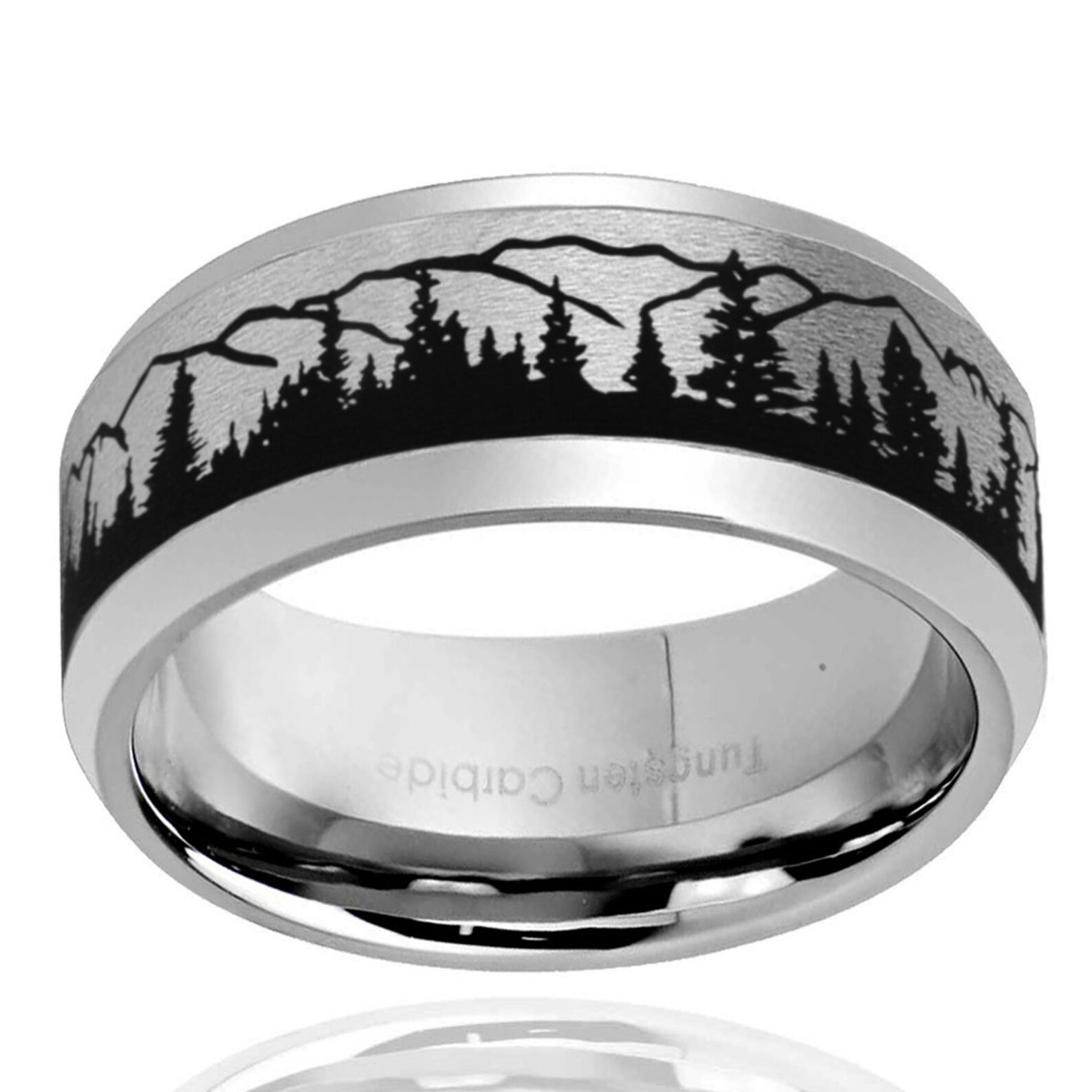 8mm Tungsten Mountain Forest Wedding Band Beveled Gray - Etsy