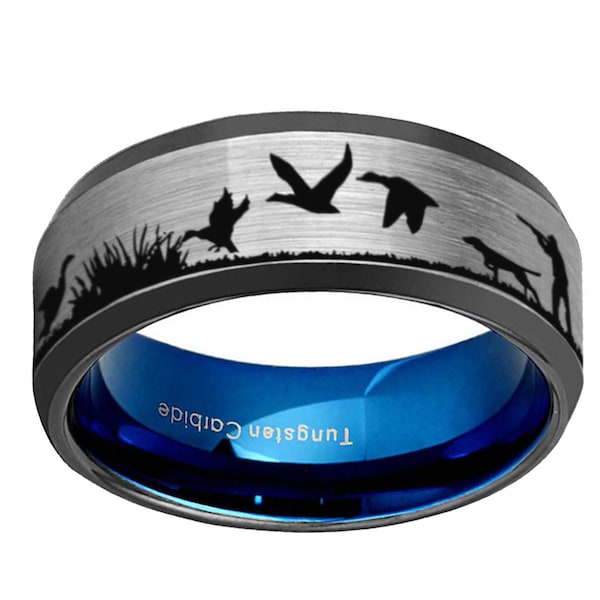Duck Hunting Ring, Beveled Rose Gold Tungsten Duck Mens Wedding Band, Black Tungsten Landscape Personalized Ring