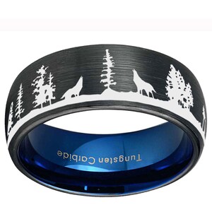 Howling Wolf Rings, Landscape Scene Ring, 6, 8mm Dome Blue Black Tungsten Wolves Wedding Ring, Wolf In Forest Tungsten Band