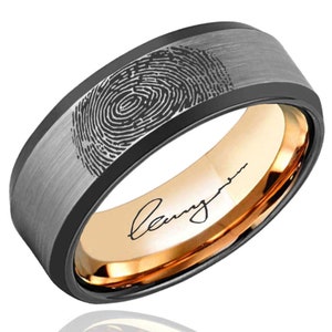 Personalized Fingerprint Tungsten Wedding Band, 6, 8mm Beveled Rose Gold Tungsten Finger Print Band, Thumb Ring, Memorial Rings