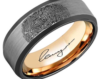 Rose Gold Tungsten Fingerprint Wedding Band - Beveled Edge, 8MM