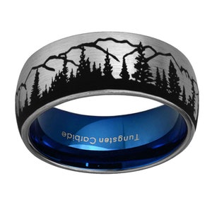 8mm Pine Tree Forest Ring, Dome Blue Gray Tungsten Mountain Landscape Nature Wedding Band, Promise Ring For Men