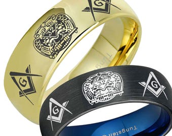 8mm Tungsten 32nd Degree Masonic Ring, Black Tungsten Freemason Wedding Band, Personalized Jewelry