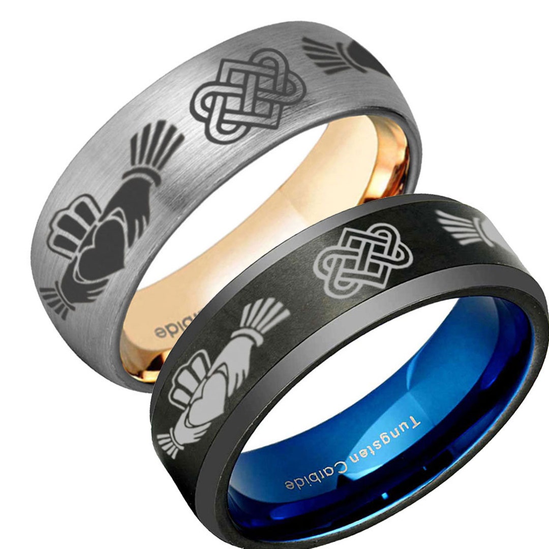 Tungsten Irish Claddagh Ring, Celtic Ring, Mens Wedding Band, Mens