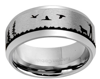 Duck Hunting Scene Tungsten Ring, Beveled Matte Tungsten Mens Wedding Band, Landscape Ring, Hunting Ring, Laser Engraving