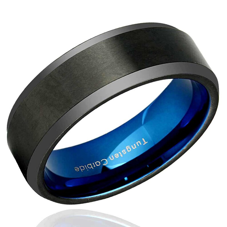 Beveled Edges Tungsten Ring His Hers Black Tungsten Wedding Band Set Promise Rings For Couples 5mm 8mm Blue Tungsten Wedding Ring Sets