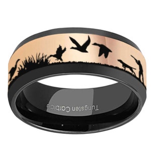 Duck Hunting Ring, Rose Gold Tungsten Duck Mens Wedding Band, Black Tungsten Landscape, Personalized Ring, Beveled 8MM