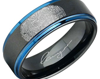 6, 8mm Tungsten Actual Fingerprint Rings, Blue Step Edges Black Tungsten Man Wedding Band, Memorial Thumbs Ring