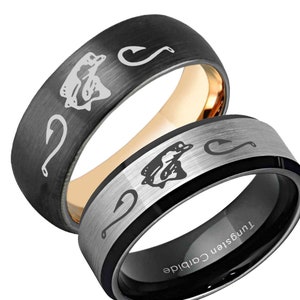 Tungsten Fishing Hooks Ring, 8mm Black Tungsten Fishing Wedding Band Ring, Custom Jewelry, Gifts For Boyfriend