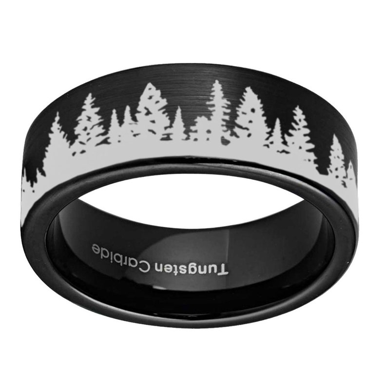 Mens Custom Engraved Ring Forest Landscape Tungsten Wedding Band Promise Ring for Him 8mm Pipe Cut Tree Outdoor Design Tungsten Ring