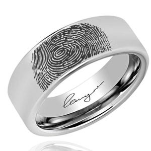Fingerprint Ring, Silver Thumb Ring, Mens Wedding Band, Tungsten Engagement Band, Fathers Day Gifts, Anniversary Gift, Pipe Cut 8MM