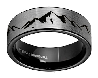 8mm Tungsten Adventure Ring Men, Flat Pipe Cut Black Tungsten Mountain Landscape Man Wedding Band, Promise Rings For Men