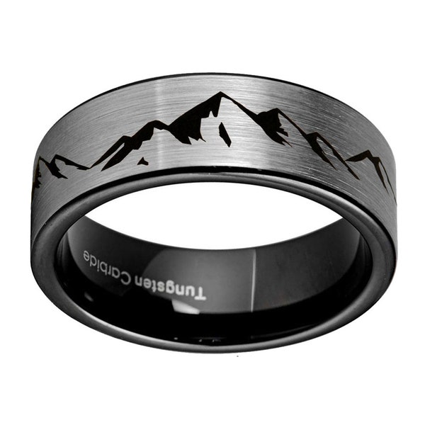 8mm Tungsten Adventure Ring Men, Flat Pipe Cut Black Tungsten Mountain Landscape Man Wedding Band, Promise Rings For Men
