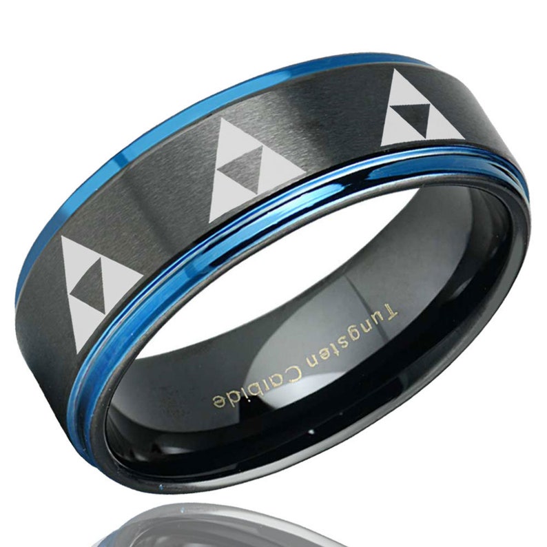 8mm Tungsten Carbide Blue Step Edges Triforce Zelda Men/'s Ring