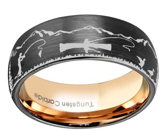 10MM Tungsten Fisherman Ring,  Mountain Landscape, Fishing Wedding Band