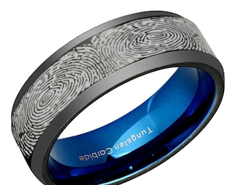 Engraved Fingerprint Tungsten Ring, Rose Gold Wedding Band, Memorial Jewelry