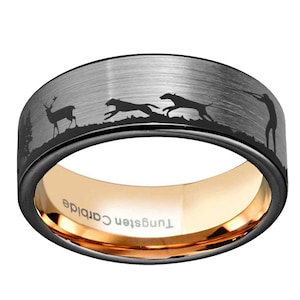 Tungsten Dog Hunting Deer Ring, Forest Landscape Black Tungsten Wedding Ring, Personalized Gifts, Pipe Cut 8MM