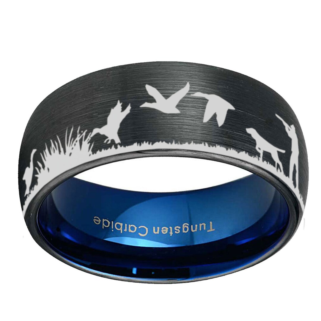 Duck Hunting Scene Ring, 8mm Dome Blue Black Tungsten Duck Wedding ...
