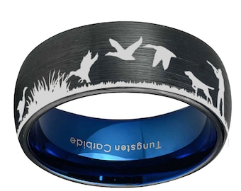 Duck Hunting Scene Tungsten Ring, Nature Landscape Wedding Band