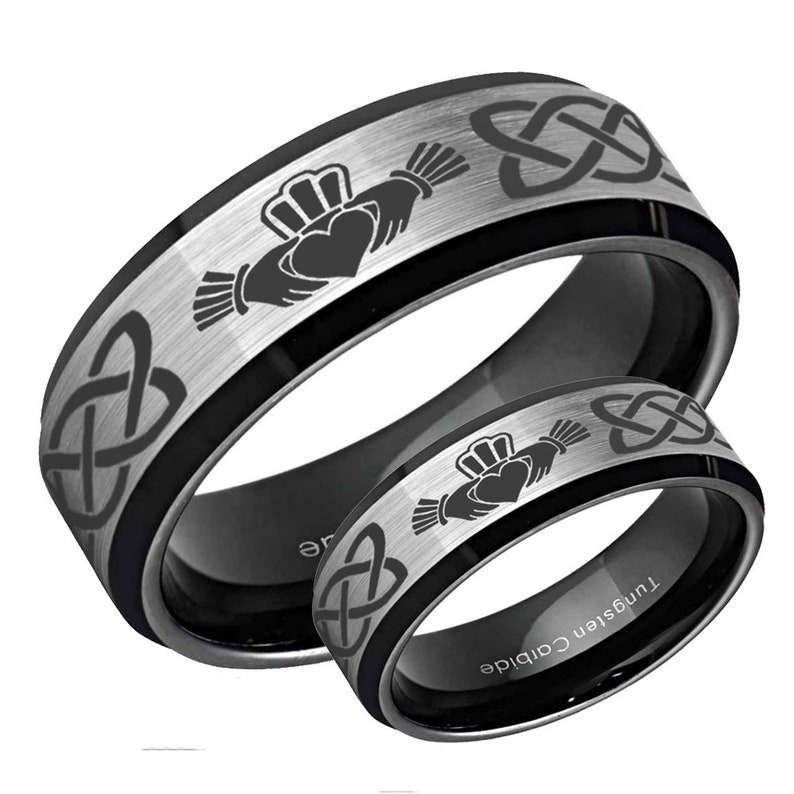 Beveled Edges Promise Ring For Couple Silver Black Tungsten Wedding Ring Sets Celtic Irish Claddagh His Hers Tungsten Wedding Band Set