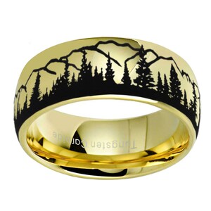 8mm Pine Tree Forest Ring, Dome Blue Gray Tungsten Mountain Landscape Nature Wedding Band, Promise Ring For Men image 6
