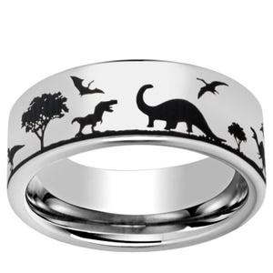 8mm Gray Tungsten Dinosaur Ring, Dinosaur Wedding Band, Flat Top Engagement Ring, Gifts For Dad