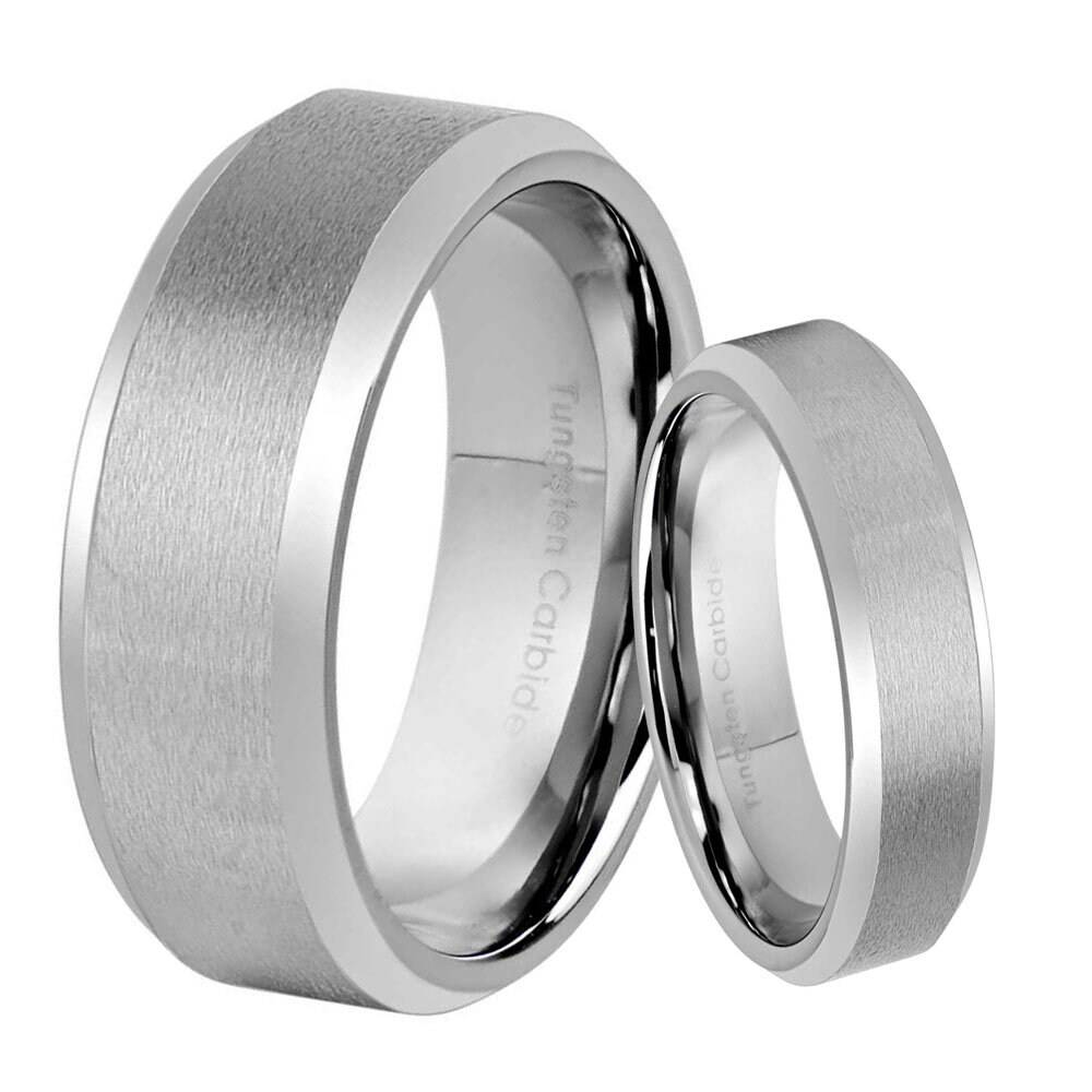 His & Her's 8MM/6MM Tungsten Carbide Beveled Edge Brushed Center Wedding Band Ring Set His & Her's 8MM/6MM Tungsten Carbide Beveled Edge Brushed Center Wedding Band Ring Set