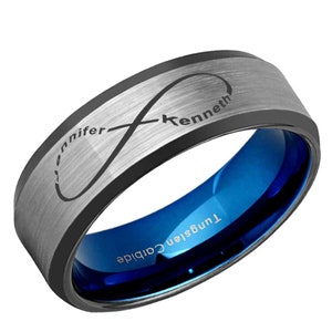 6, 8mm Infinity Two Name Engraved Blue Tungsten Ring, Beveled Tungsten Infinity Symbol Mens Wedding Band, Custom Jewelry