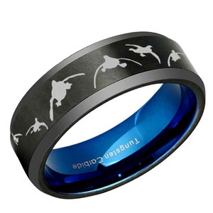 Flying Duck Hunting Ring, 8mm Black Tungsten Carbide Duck Mens Wedding Band, Gifts For Husband