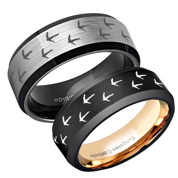 Turkey Design Tungsten Mens Wedding Band, 8mm Blue Black Tungsten Turkey Tracks Ring, Promise Ring