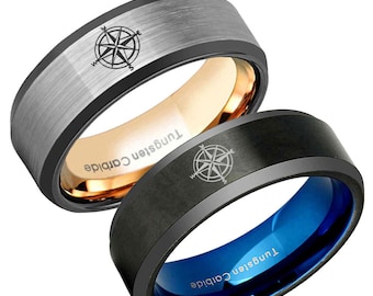 Tungsten Nautical Compass Rings, 8mm Beveled Black Tungsten Compass Jewelry, Nautical Ring, Gift For Boyfriends