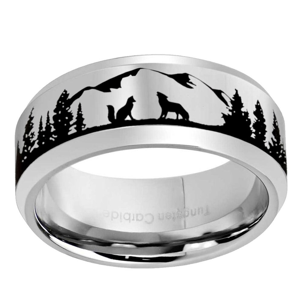 Hand-Drawn Forest Trees Landscape Engraved Gold Tungsten Carbide Wedding Ring Band 6mm
