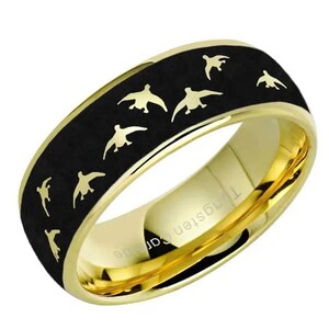 Duck Wedding Bands, Dome 8mm Gold Tungsten Flying Duck Engraved Rings, Personalized Gifts, Anniversary Gift