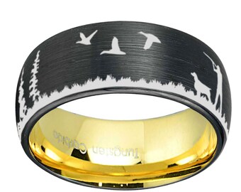 Duck Hunting Forest Wedding Band, Yellow Gold Dome Black Tungsten Outdoors Man Ring, Custom Engraved Ring