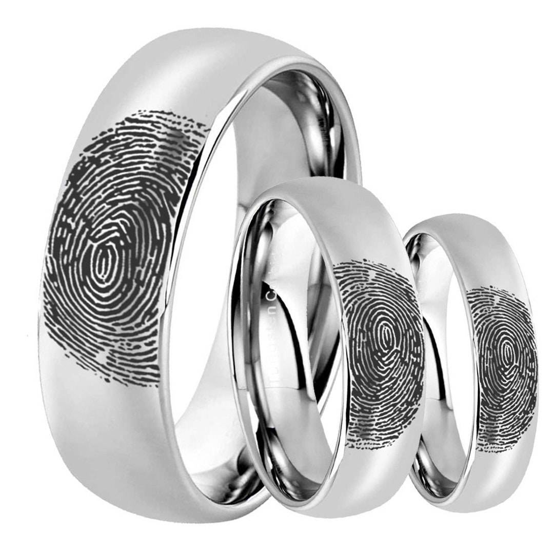 4 to 8mm Tungsten Fingerprint Rings, Mirror Dome Tungsten Finger Print