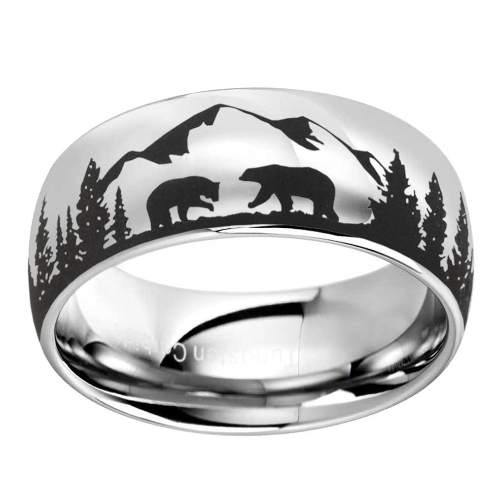 Two Bears Tungsten Wedding Band Mens, Mirror Dome Tungsten Ring, Mountains Forest Landscape Ring, Personalized Engraved Men's Ring, 6,8,10mm