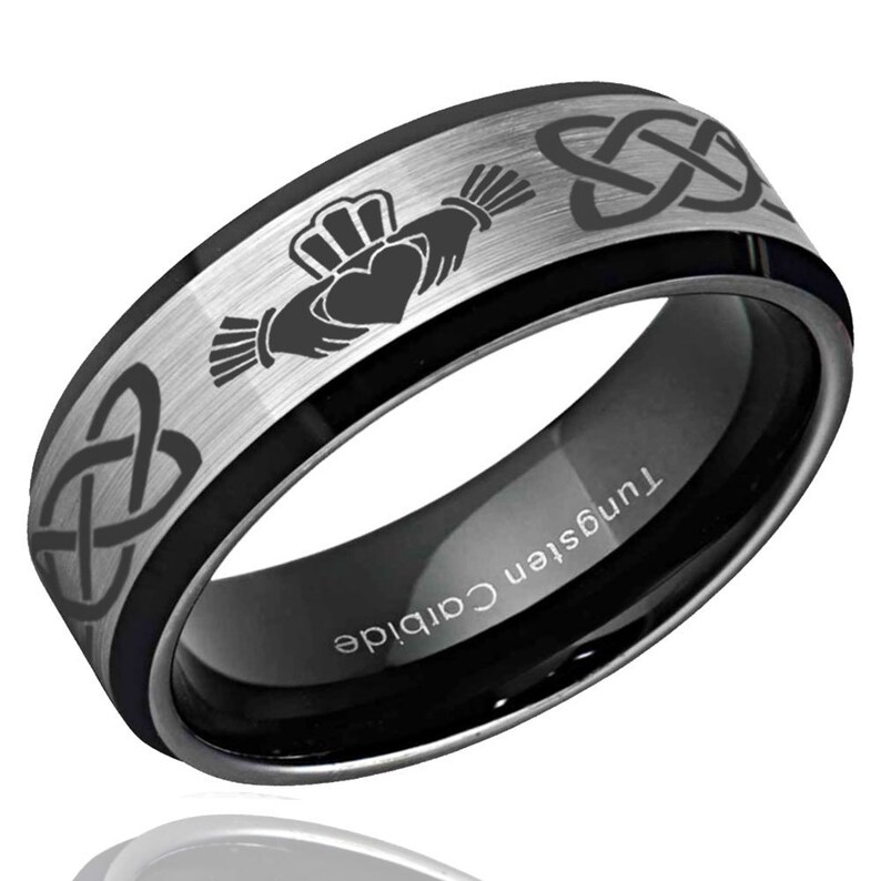 Beveled Edges Promise Ring For Couple Silver Black Tungsten Wedding Ring Sets Celtic Irish Claddagh His Hers Tungsten Wedding Band Set
