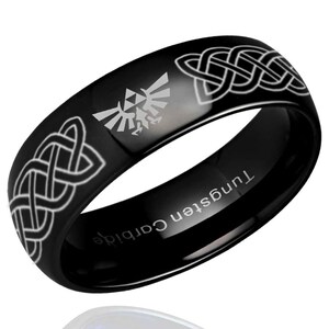 8mm Celtic Zelda Tungsten Ring, Dome Black Gold Tungsten Triforce Zelda Wedding Band, Celtic Knot Zelda Ring image 4
