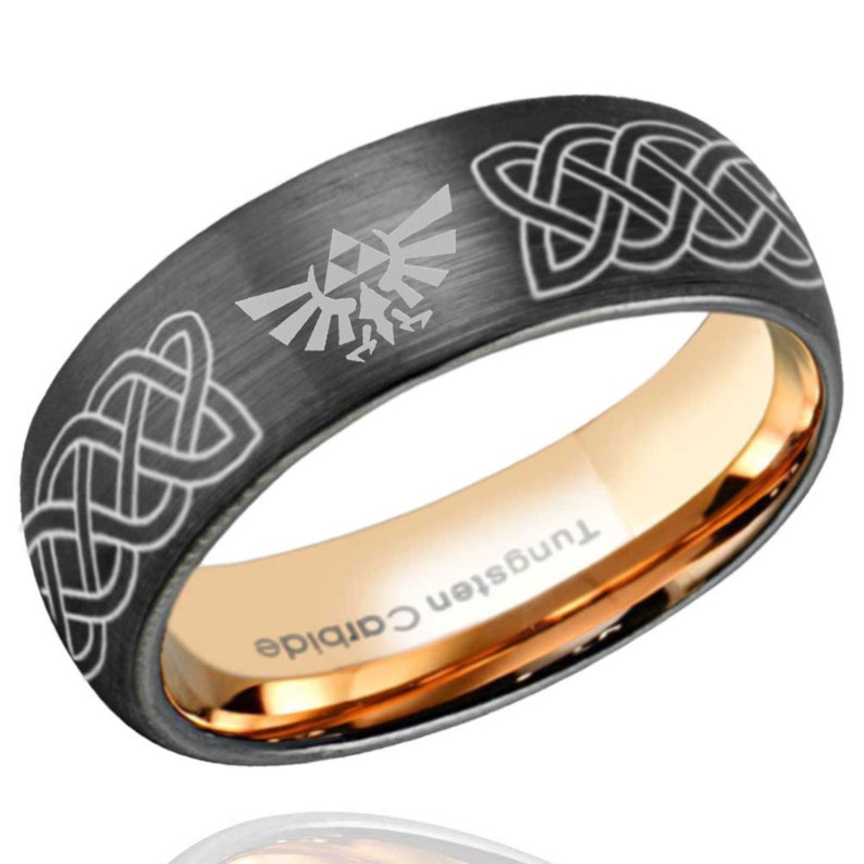 8mm Celtic Zelda Tungsten Ring, Dome Black Gold Tungsten Triforce Zelda Wedding Band, Celtic Knot Zelda Ring image 8