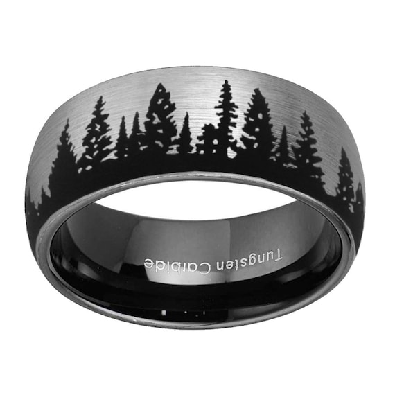 Hand-Drawn Forest Trees Landscape Engraved Gold Tungsten Carbide Wedding Ring Band 6mm
