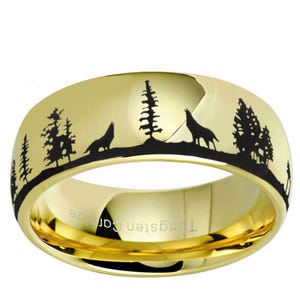 Howling Wolf Wedding Band, Gold Tungsten Forest Landscape Scene Ring, Wolf Jewelry, 5 To 8mm Dome
