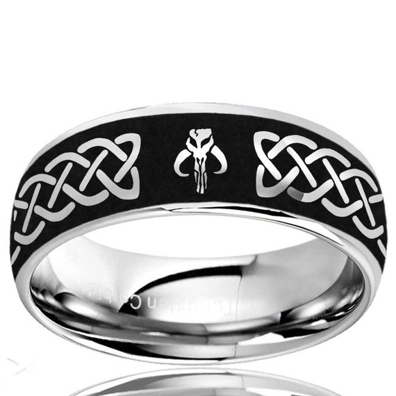 8mm Tungsten Black 2 Tone Dome Celtic Mandalorian Boba Fett Engage Ring