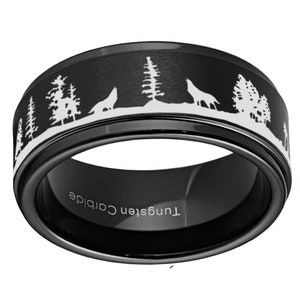 Howling Wolf Ring, Black Tungsten Wolves Forest Wedding Band, Step Edges Landscape Scene Ring, Gift For Husband