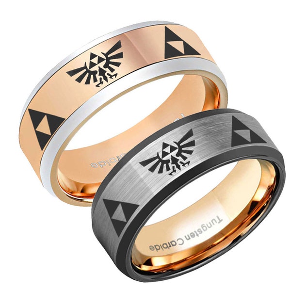 8mm Legend Of Zelda Tungsten Ring, Beveled Black Tungsten Zelda Triforce Wedding Band, Promise Ring. Triforce Jewelry