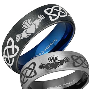 8mm Tungsten Celtic Claddagh Ring, Dome Black Tungsten Celtic Irish Mens Wedding Band, Gifts For Dad