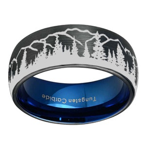 8mm Pine Tree Forest Ring, Dome Blue Gray Tungsten Mountain Landscape Nature Wedding Band, Promise Ring For Men image 2