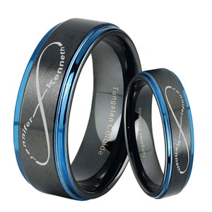 Infinity Symbol 2 Name Engraved His Hers Tungsten Wedding Band Set, Blue Step Edges Black Tungsten Couple Ring, 6, 8mm