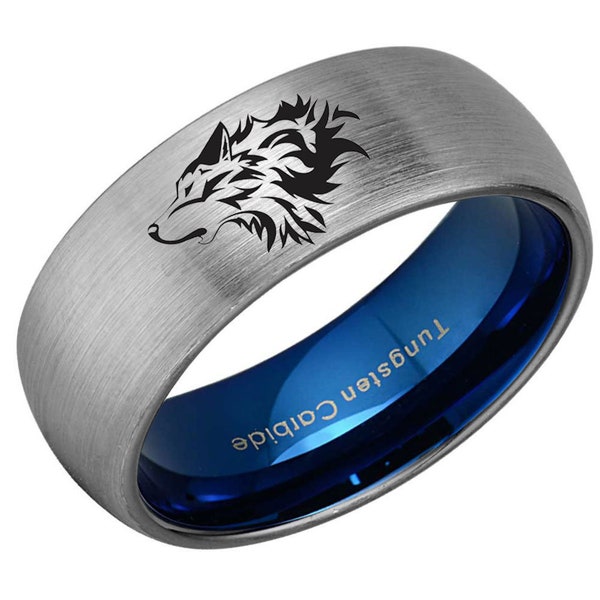 Wolf Head Ring, Silver Wedding Ring, Men Tungsten Ring, Black Tungsten Band, Unique Rings, Gifts For Him, Personalized Ring, Gifts For Dad