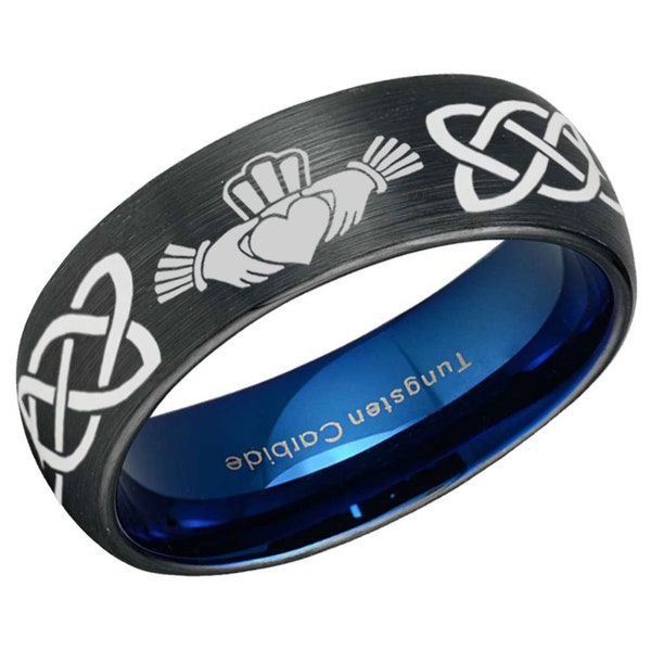 6, 8mm Celtic Claddagh Wedding Band, Dome Black And Blue Tungsten Irish Claddagh Ring, Celtic Knot Ring